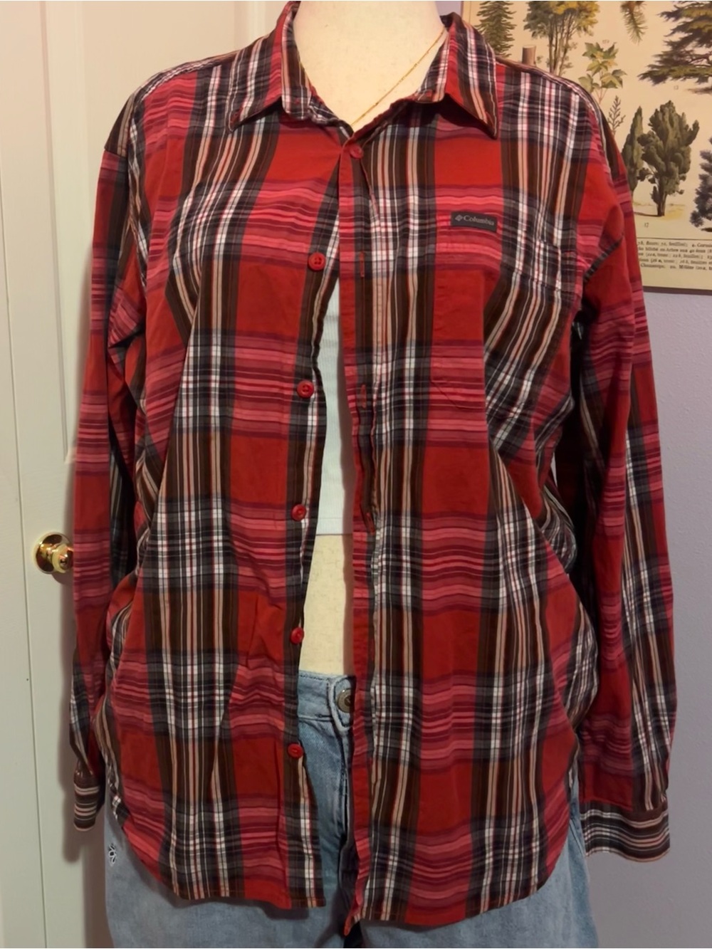 Columbia Red and Brown Plaid Casual Button-Up Shirt